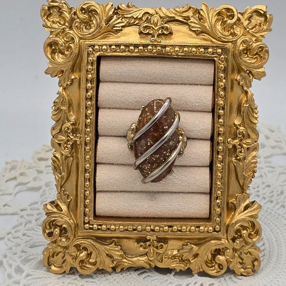 Vintage Wire Wrapped Amber Color  Abstract Statement Ring Size 4 Adjustable